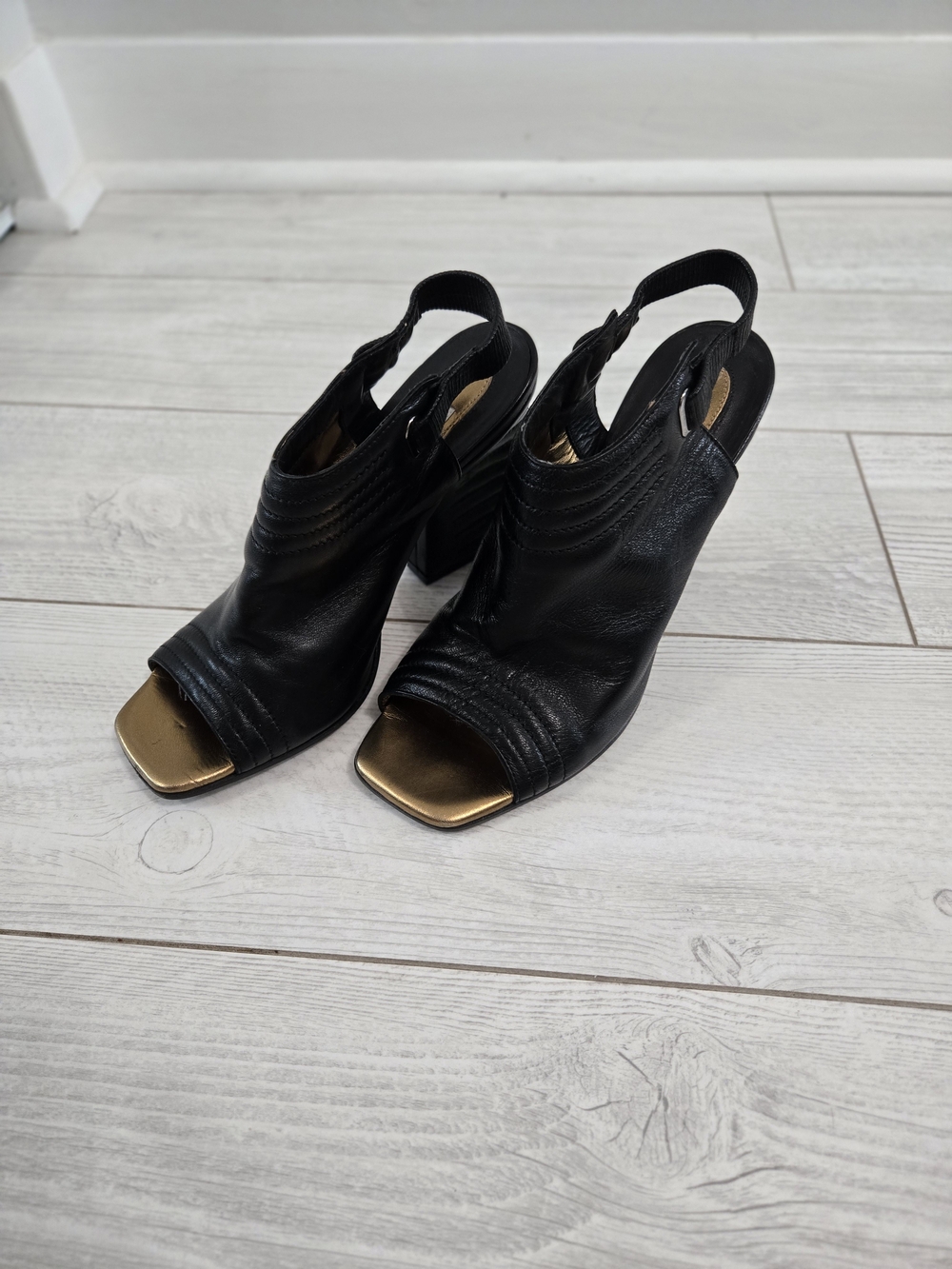 Dorothee Chumacher Leather Black Open-Toe Slingback Heels with Gold Toe Accent